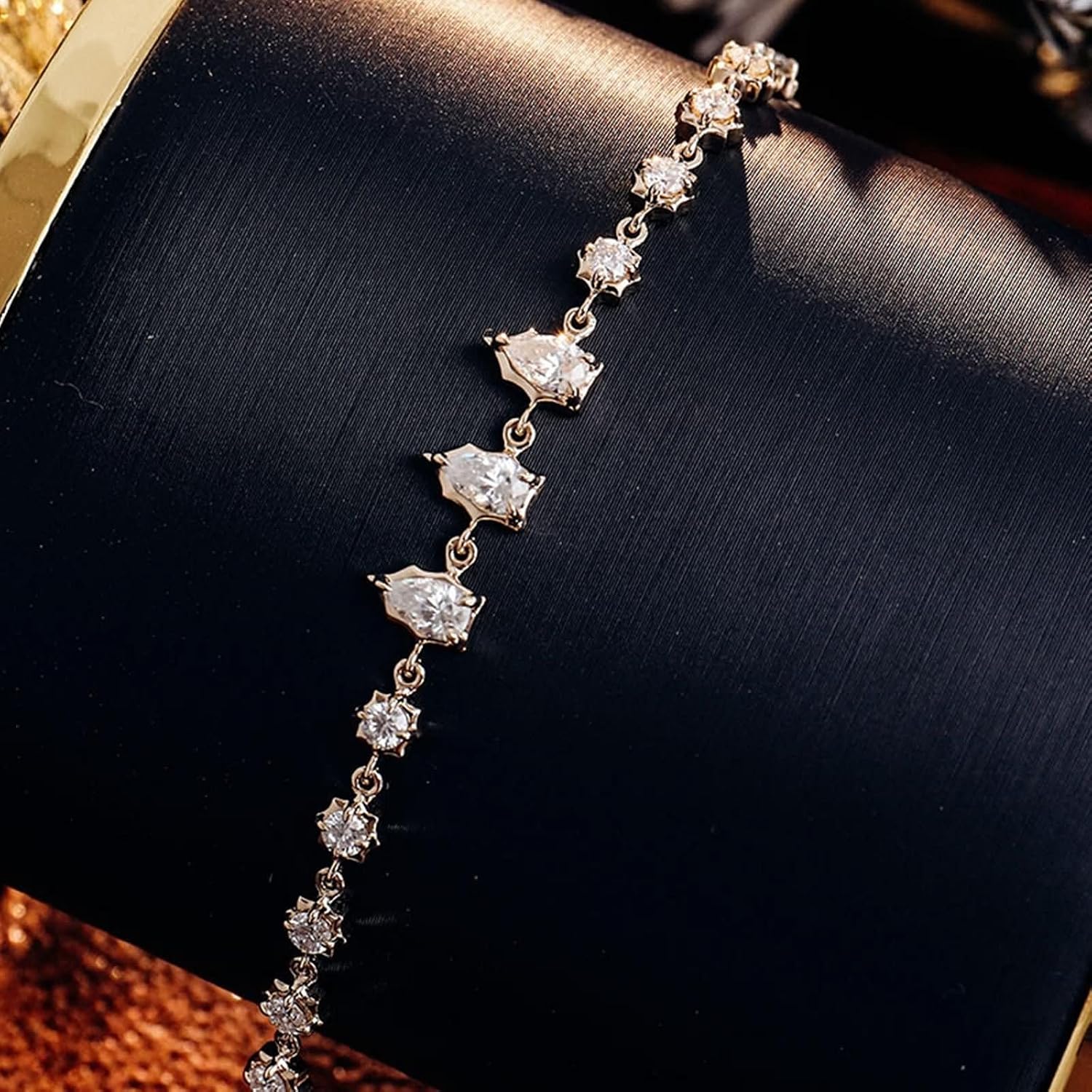 Women Gold Chain Bracelets 9Kt / 14Kt / 18Kt, Water Drop and Round with Moissanite, 6.3", Women's Chain Bracelets Gold image 3