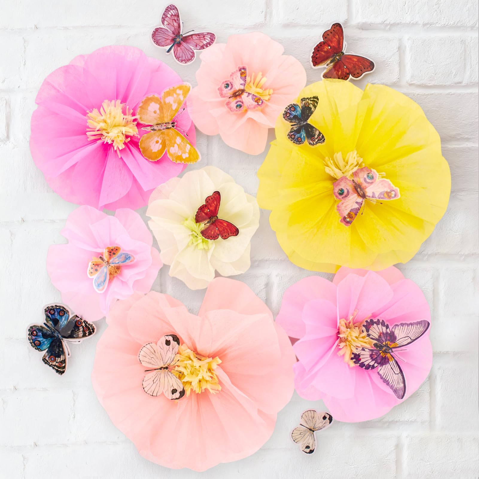 SUNBEAUTY 7Pcs Pastel Large Flower Party Decorations Pink Paper Flowers Decorations with Butterfly Stickers 3D Artificial Flower Wall Decor for Floral Birthday Decor Wedding Engagement Baby Shower