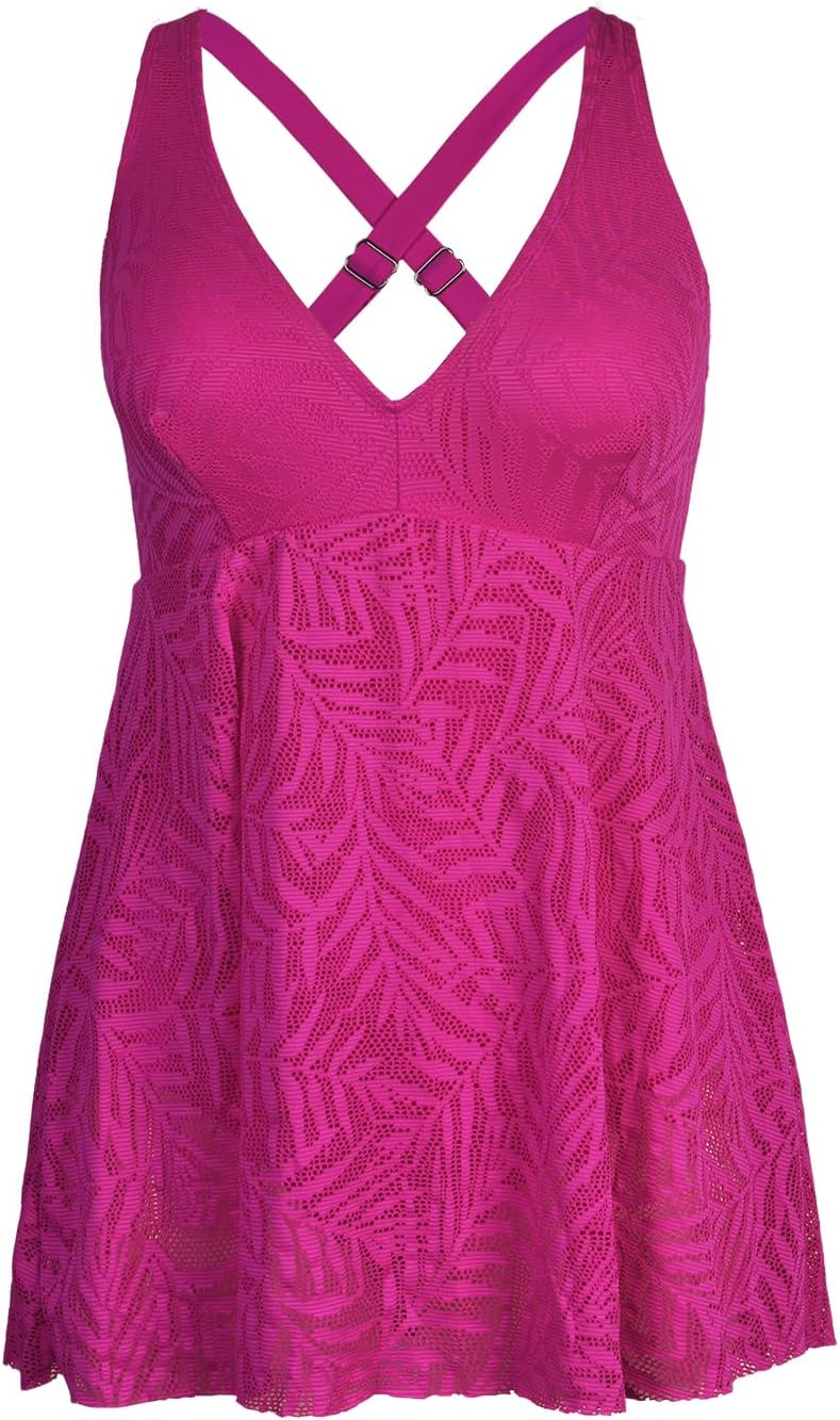 CUPSHE Women's One Piece Swimsuit Plus Size Bathing Suit Mesh Hollow Out Cross Back Split Swim Dress Leaf Texture