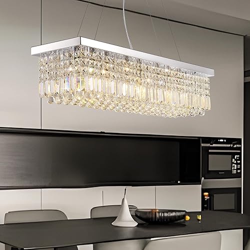Miniatura 8 de Candelabros modernos de cristal para comedor, cocina, isla, lámpara rectangular de 8 luces para sala de estar, 39.4 pulgadas de largo, acabado Cromo