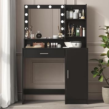 Vanity Desk with Mirror and Lights, Large Makeup Table Set with Storage Drawer and Shelves, Compact Dressing Desk with 3 Color Modes Adjustable for Bedroom Black