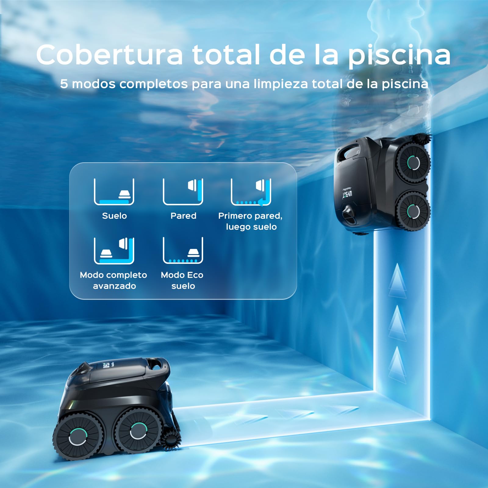 WYBOT B1 Robot de Piscina Inalámbrico, Limpia Fondo y Paredes 120 Min Autonomía para Piscinas Enterradas Y sobre Suelo, App, Dos Cepillos Laterales, Negro