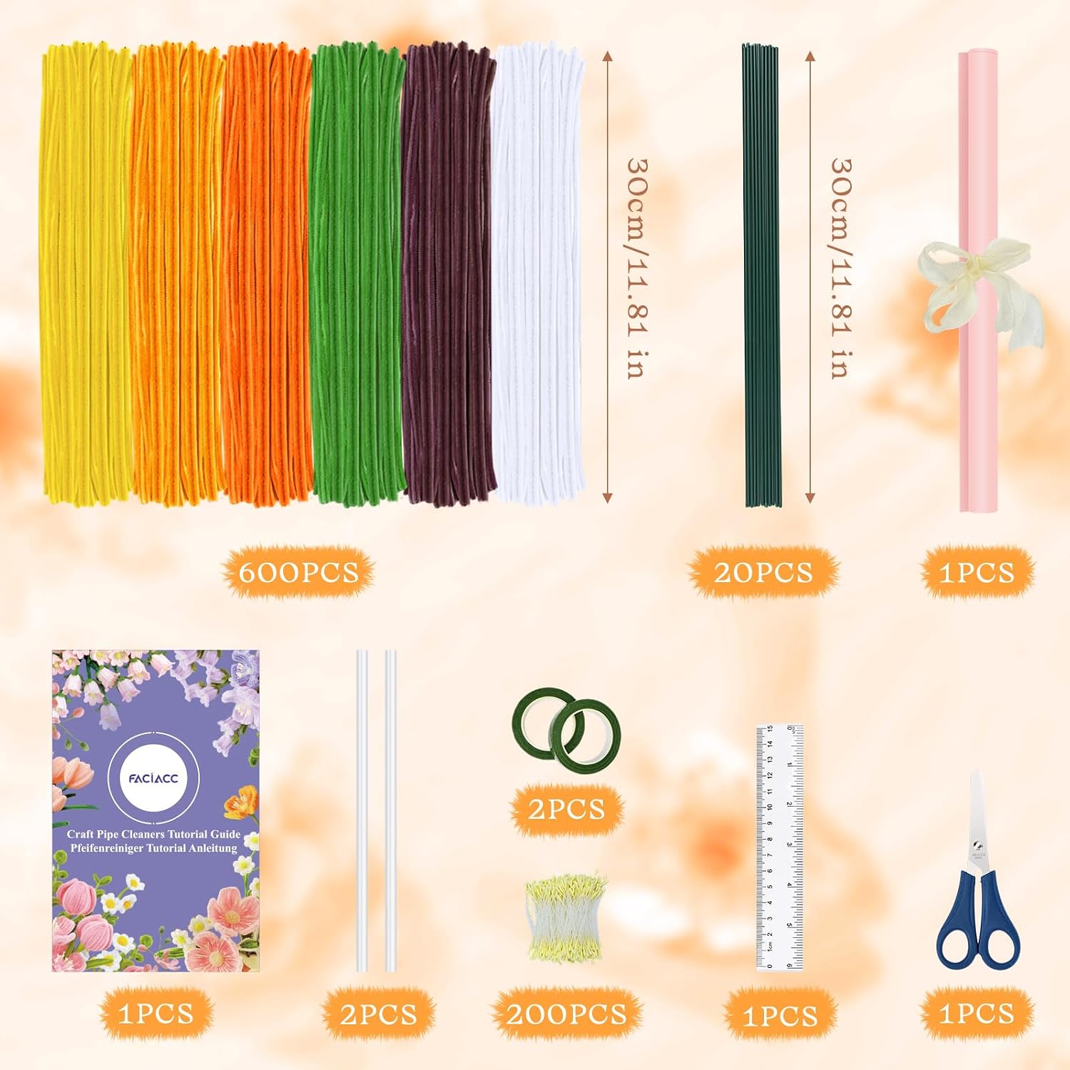 FACIACC 600PCS Sunflower Pipe Cleaners Craft, 6 Assorted Colors Chenille Stems for DIY Bouquet Decorations Creative Gift Party Decor with Flower Wires, Tape, Stamens, Glue Sticks, Wrapping Paper