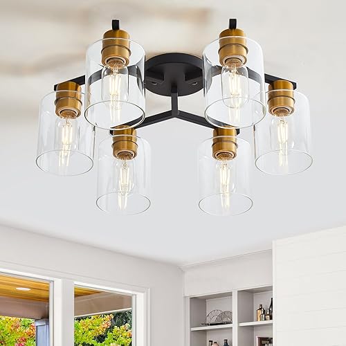 Miniatura 7 de Lámpara de techo de montaje semi empotrado negra y dorada, accesorios de iluminación de cocina vintage de 6 luces, lámparas de techo grandes con