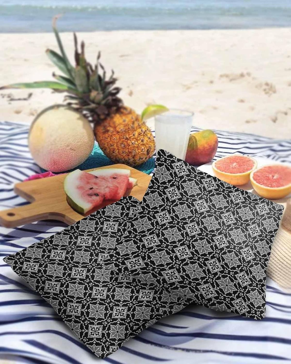 Retro Pack of 2 Decorative Outdoor Waterproof Throw Pillow Covers, Abstract Morocco Style Black Outdoor Pillows Cushion Cases, Square Pillowcase for Patio, Couch, Bench, 26x26 Inch