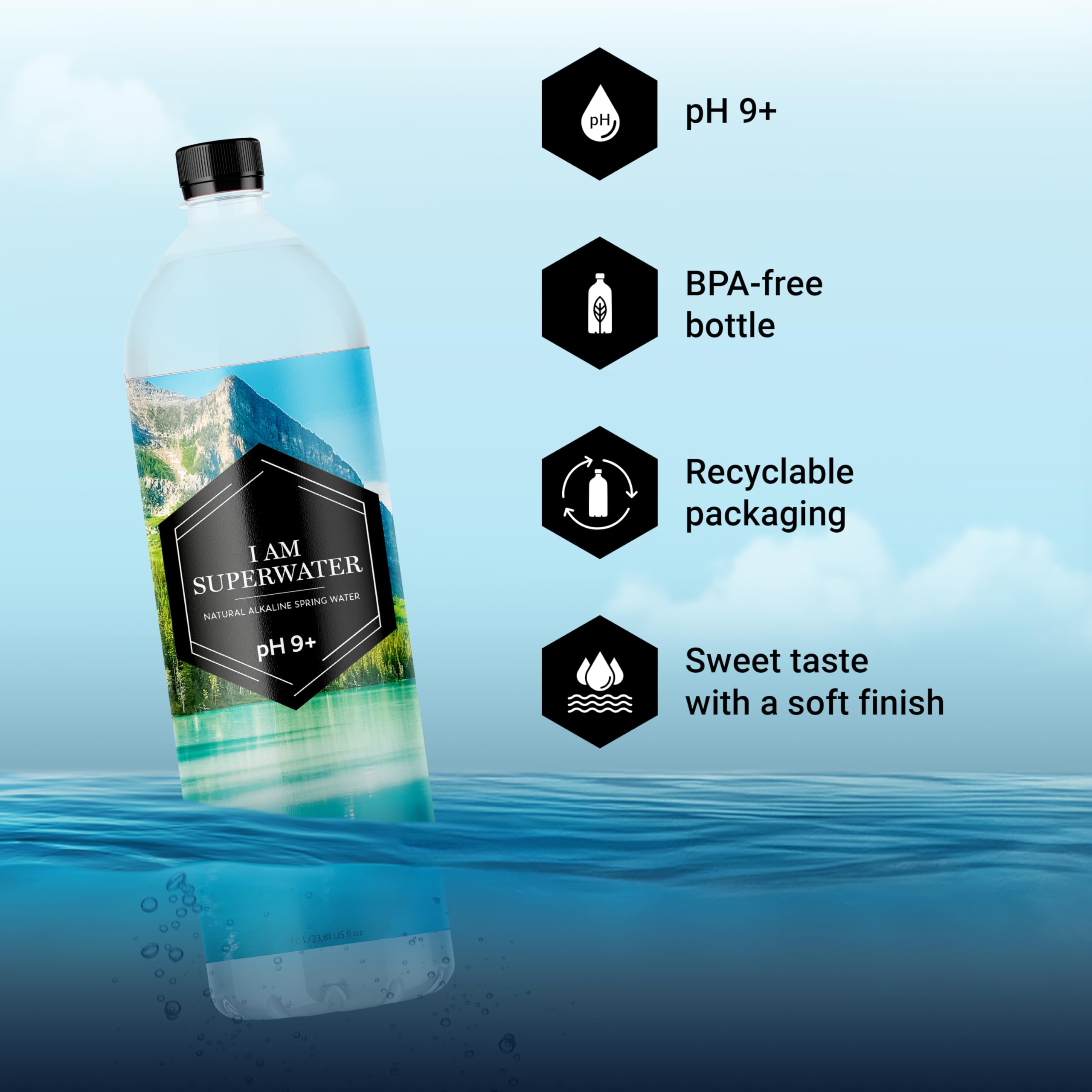 Agua alcalina pH 9.4 (básica) – 1000 ml 6-pack I am Superwater x 3 (total 18 botellas/3 bandejas)
