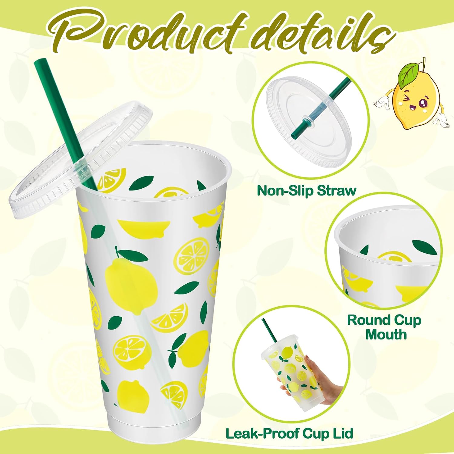 SiliFine 12 Pcs Lemon Plastic Reusable Tumbler with Lid and Straw, 24 oz image 3