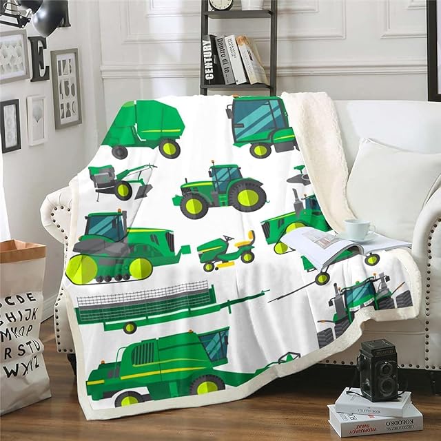 Equipment Trucks Sherpa Blanket, Excavators Flannel Blanket Green Vehicle Bed Blanket For Child Kids Children Boys Teens Construction Tractor Throw Blanket For Bedroom Decor Baby