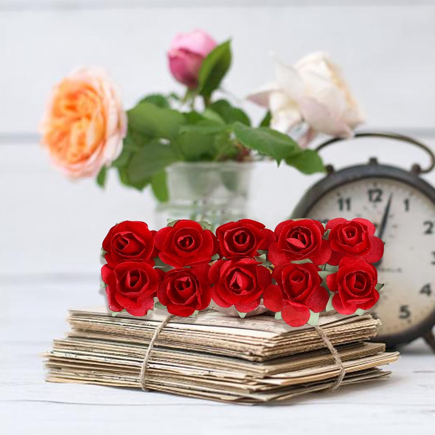 CCINEE 120pcs Mini Paper Flowers,Mulberry Paper 1/2" Artificial Rose Flower with Stem for DIY Crafts Projects Scrapbooking Wedding Decorations (Red) - Image 6