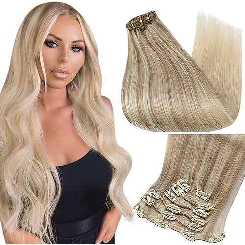 Full Shine Blonde Clip in Hair Extensions Real Hair Extensions Clip in Human Hair Nordic Balayage 18 Ash Blonde Fading to 22 and 60 Double Weft Clip in Extensions Straight Hair 7Pcs 120Gram 16 Inch