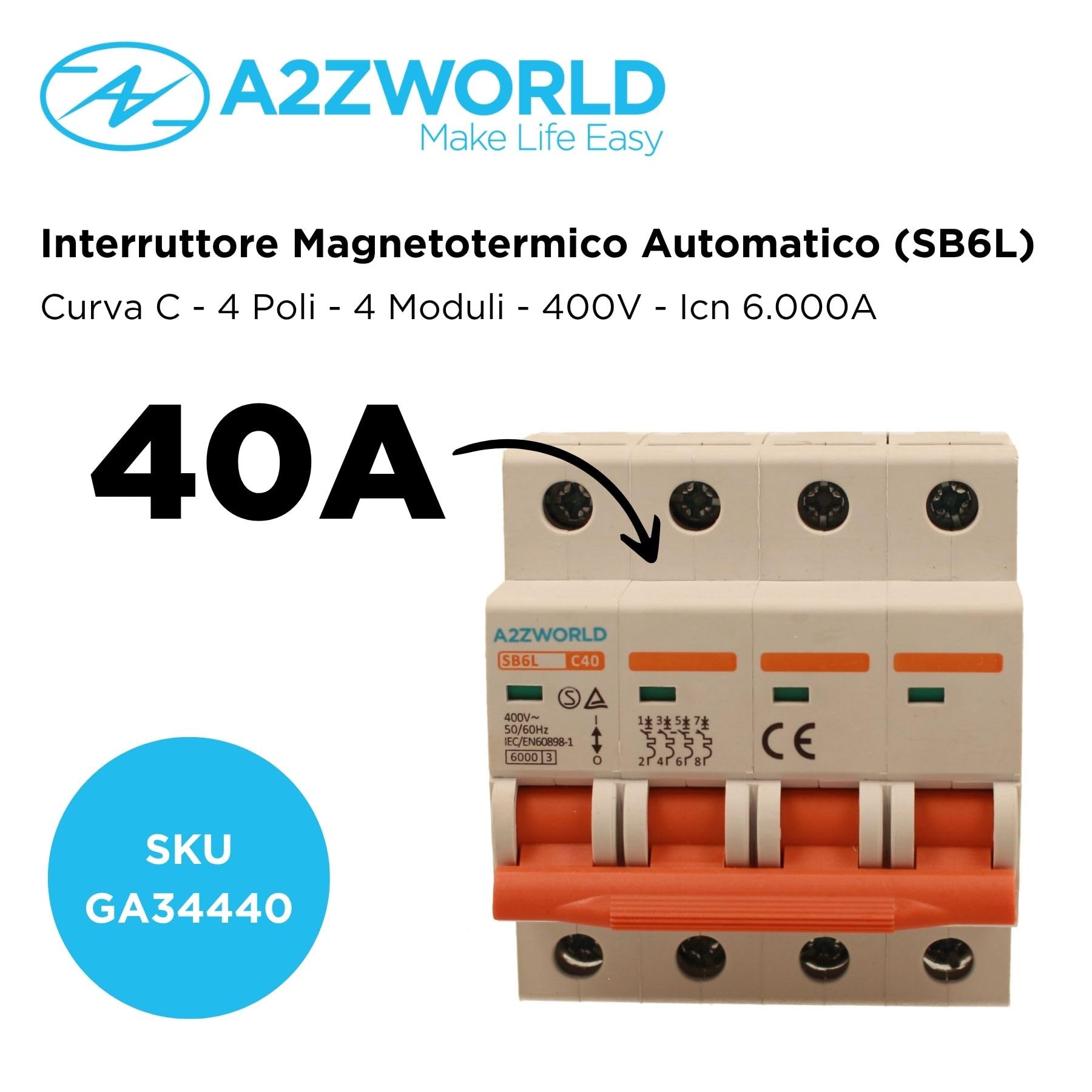 Interrupteur magnétothermique triphasé 4P 40A C40, courbe C 6kA, 4 modules DIN 380 V AC, certifié IEC60898-1, série SB6L