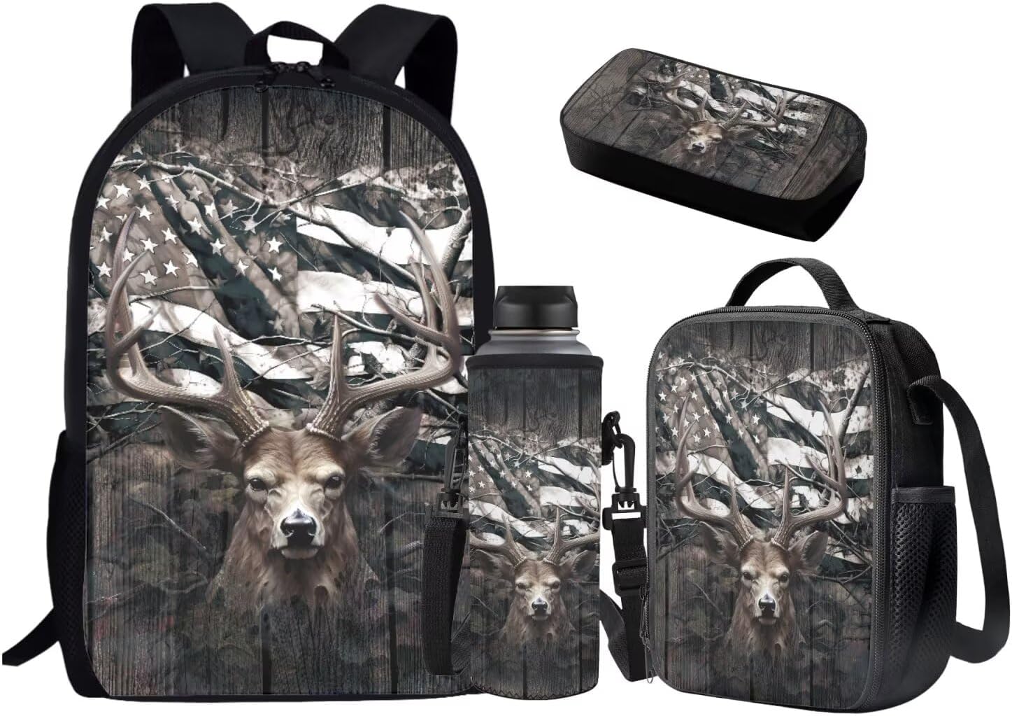 JEOCODY Kids School Bag Deer Backpack for Boys Girls,American Flag Deer Backpack and Lunch Box Camo Deer Hunting Bookbag Set with Lunch Box Pencil Case and Bottle Holder for Boys Set 4 In 1