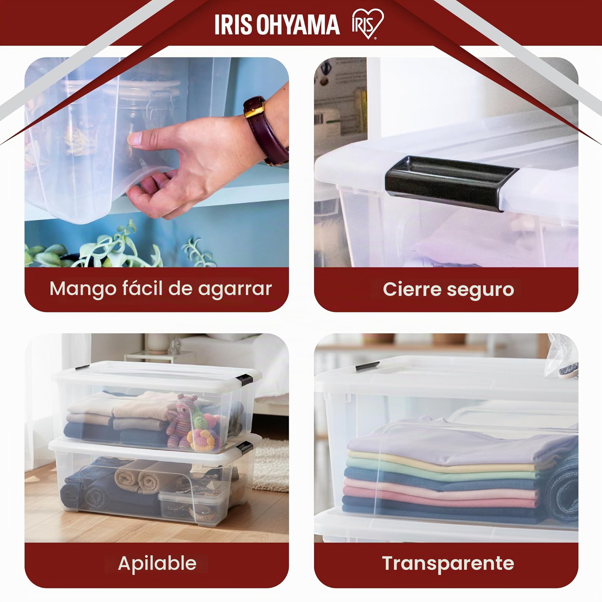 Iris Ohyama 6 Cajas de almacenamiento con tapas, 30L, Transparente, Clips de Cierre, Duradero, Apilable, para Dormitorio, Armario, Oficina, Organizadora, Ropa, Libre de BPA, NTB-30