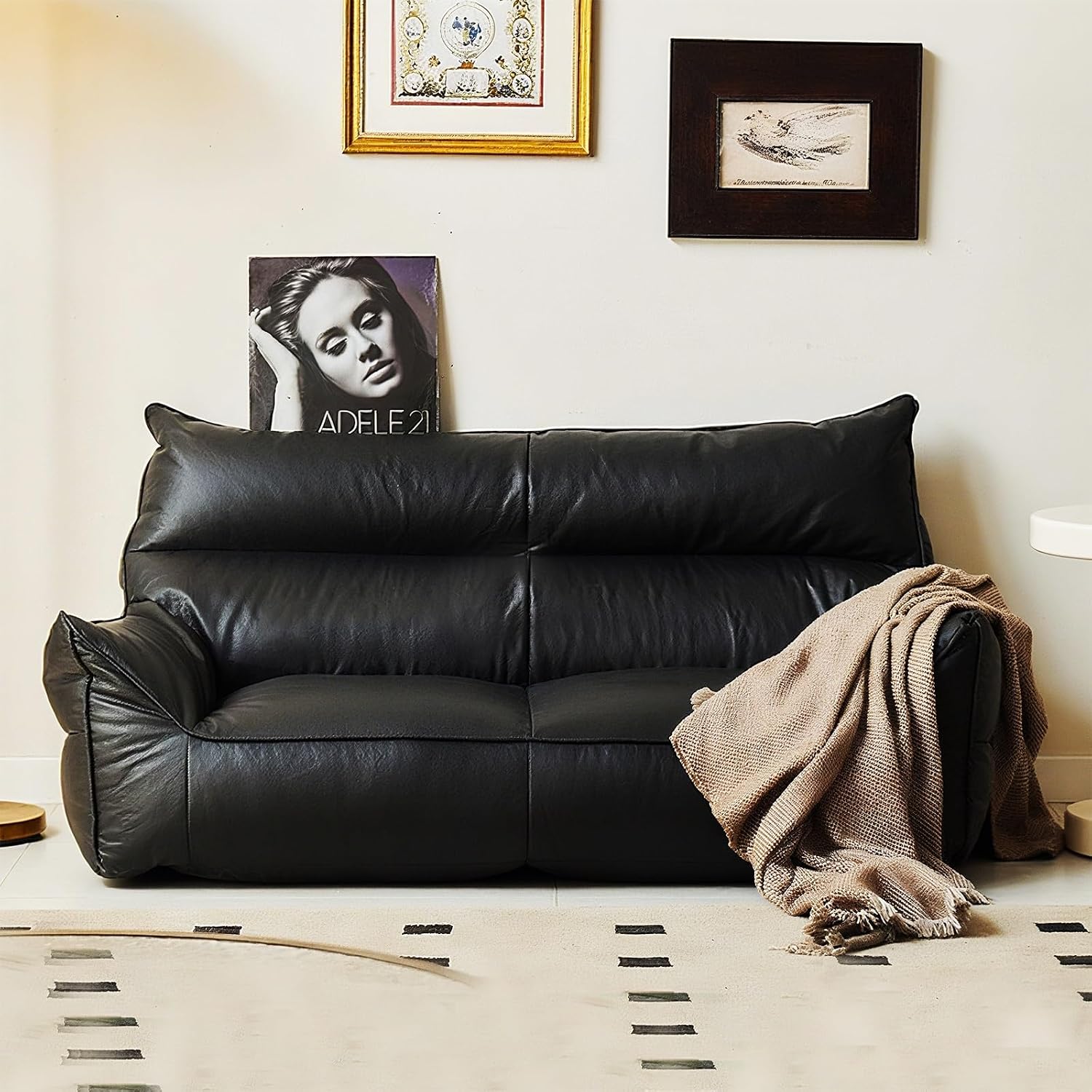 Faux Leather 2-Seater Bean Bag Cover (No Filler Included) Waterproof Sofa for Adults and Teens Washable Couch Chair Replacement Slipcover Lounge Living Room Seating(2-seat-Black)