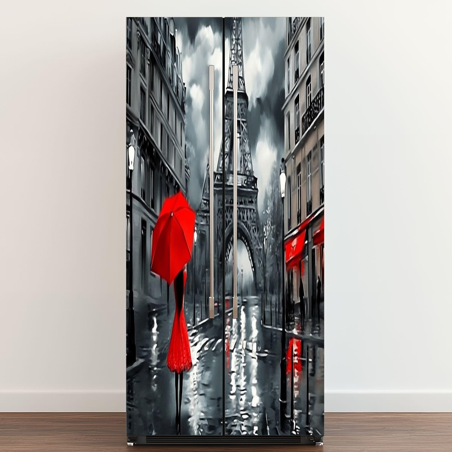Self Adhesive Vinyl Refrigerator Wrap Oil Black red Umbrella Rainy Night Paris Tower Collection Door Mural Sticker Peel and Stick Removable Door Cover Fridge Wrap Decal for Kitchen Decor