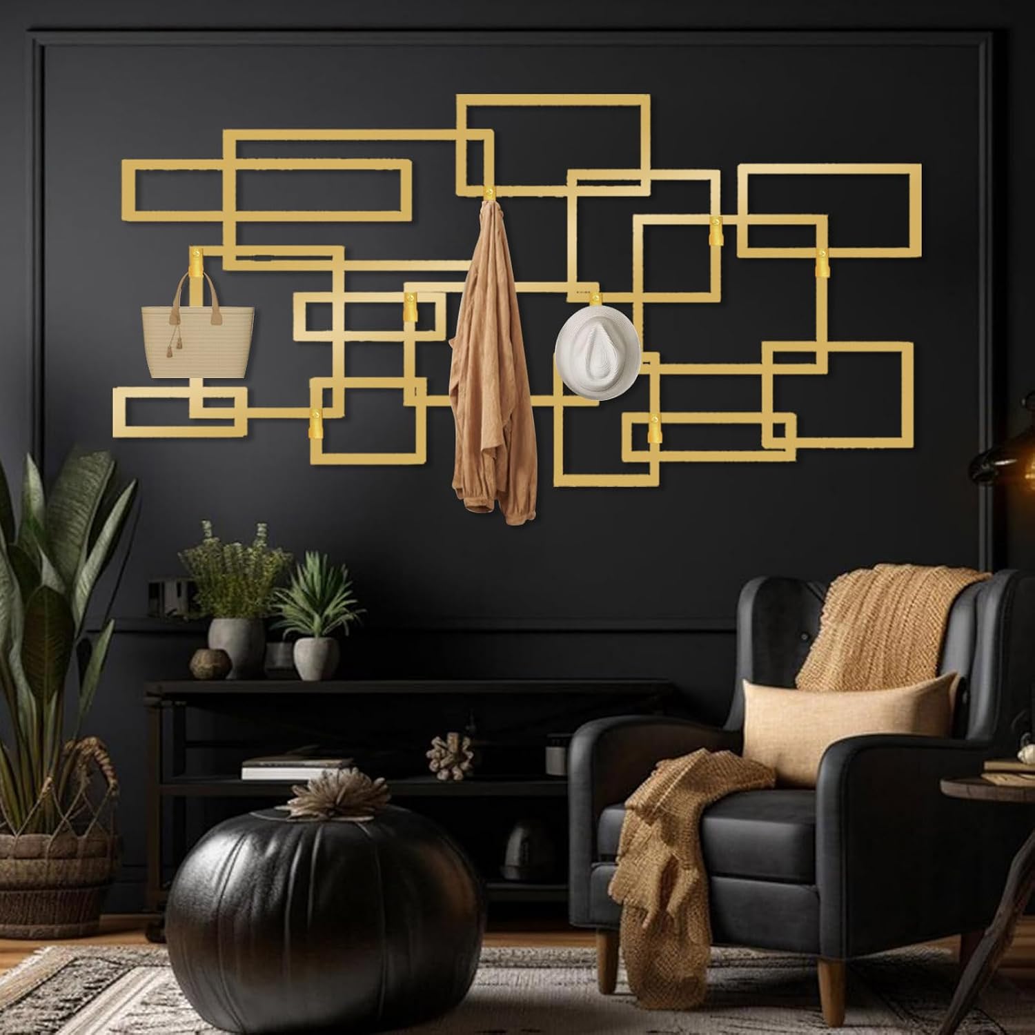 Minimalist Metal Coat Rack, Geometric Squares Coat Hooks Wall Art, Modern Wall Mount, Abstract Geometric Key Clothes Holder, Entryway Wall Hanger (Gold, 12"x24"|30x60cm)