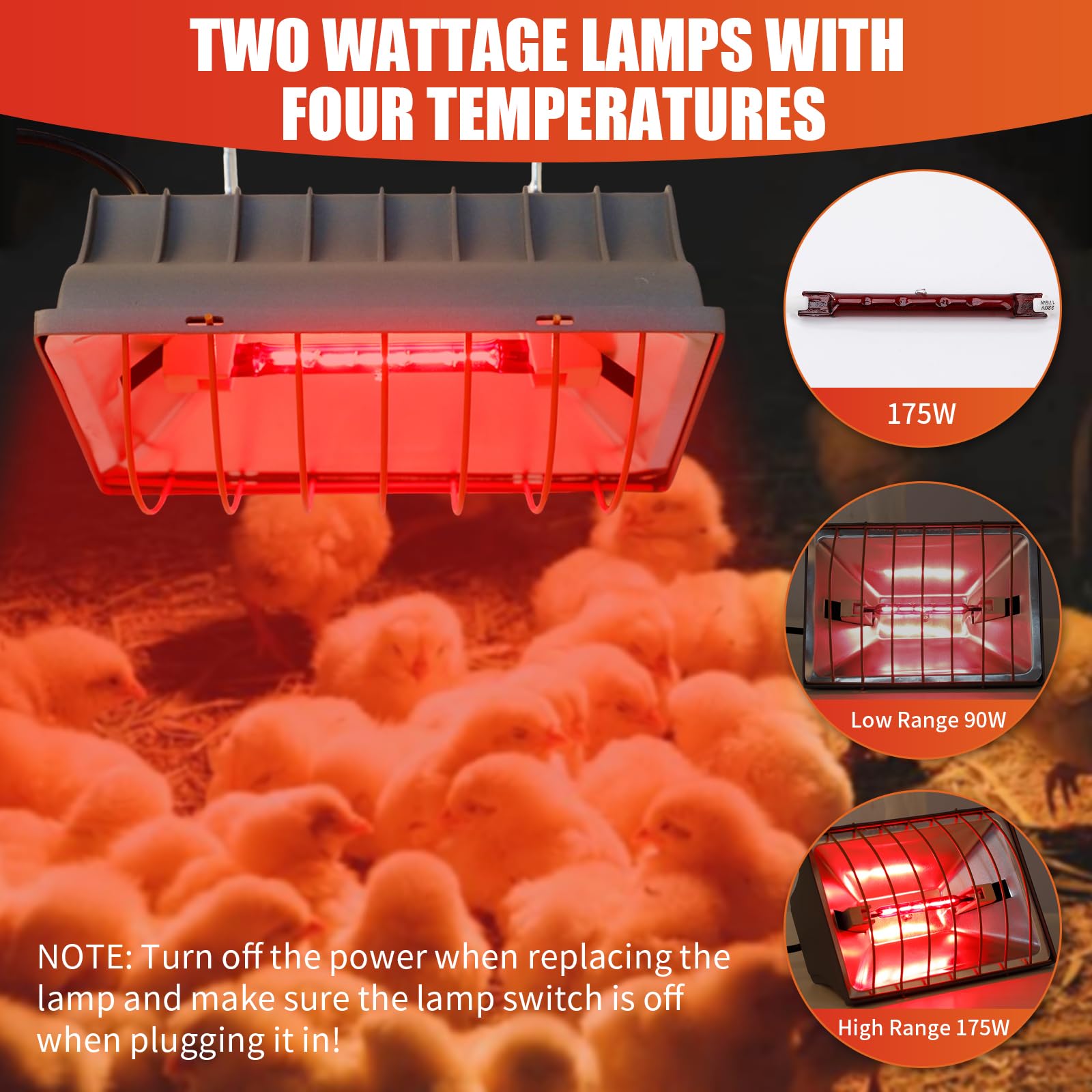 Lampe chauffante à lumière rouge - 175 W - Pour poulaillers - Avec interrupteur économique - Câble de 1,7 m - Lampe chauffante automatique - Thermostatique - Pour poussins, porcelets, chiots