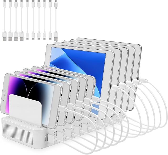 USB Ladestation Mehrere Geräte, 10 Ports Ladegerät mit Abnehmbaren Verstellbaren Trennwänden, Schützt vor Überhitzung Überlastung Überspannung und Kurzschlüssen, für Mobiltelefon Tablet