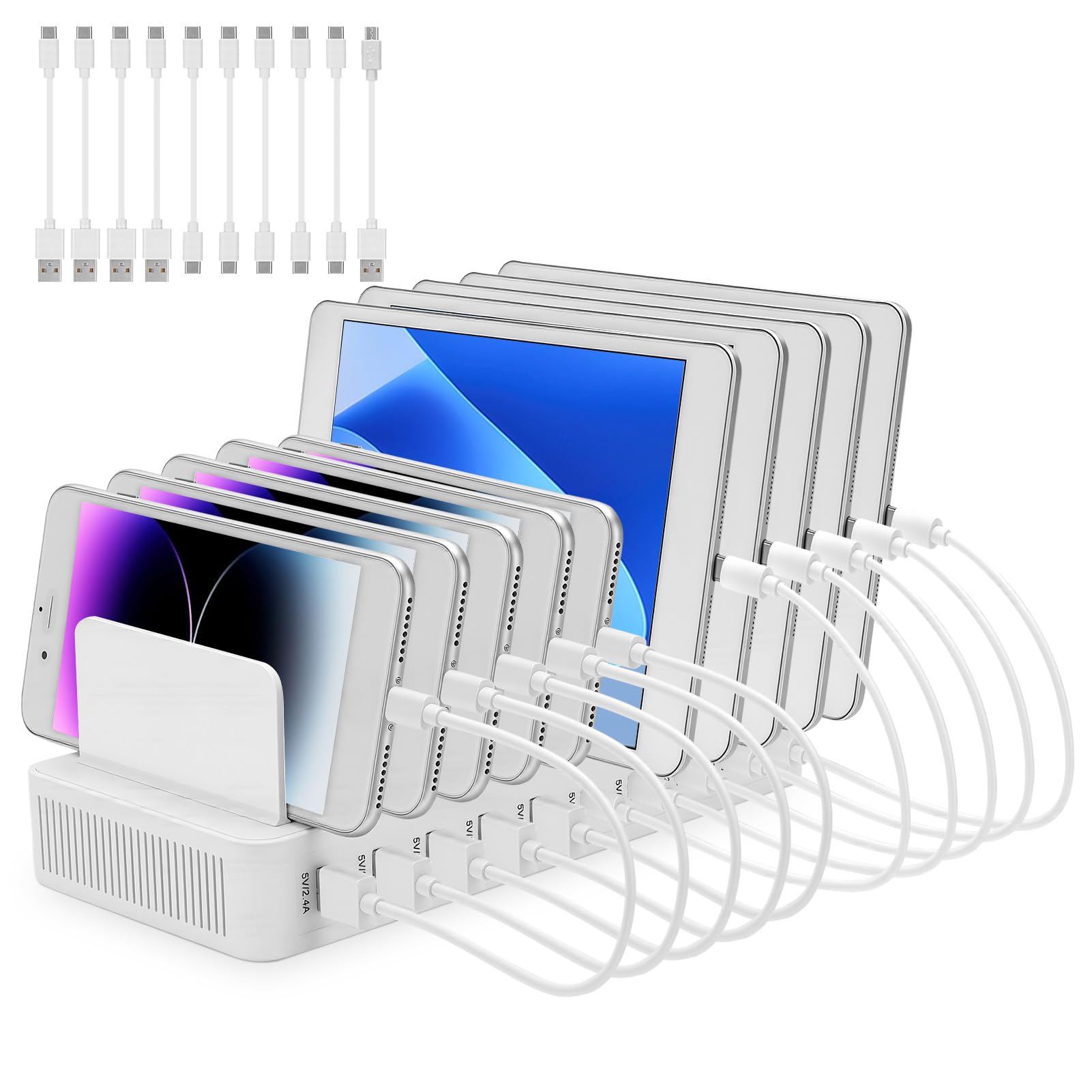 Station de Chargement USB, Station de Recharge 10 Ports 15W avec 10 Câbles, Support Chargeur Telephone,Station de Charge Telephone Portable (Blanc)