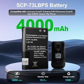 LCLEBM [4000mAh SCP-73LBPS Battery, New Upgrade High Capacity Replacement Battery for Kyocera DuraXV Extreme E4810 Verizon Flip Phone