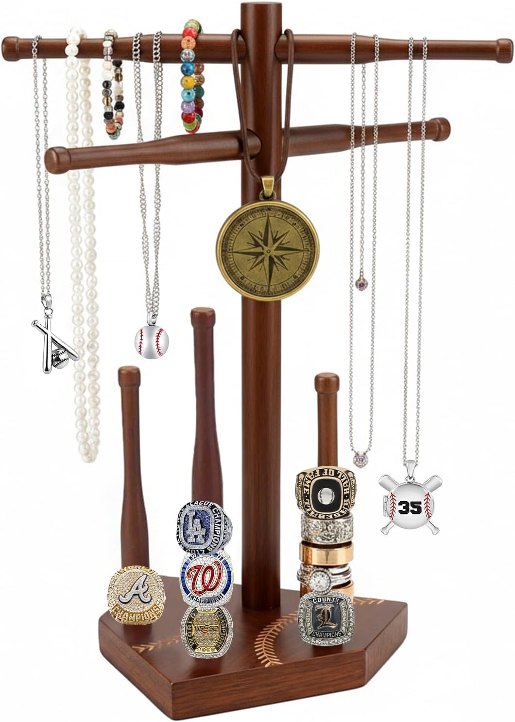 Joyzan Baseball Ring and Necklace Holder, Wooden Baseball Softball Championship Ring Display Organizer for Drip Necklaces, Sports Jewelry Holder for Athletes Boys Men, Baseball Gift Accessories Decor