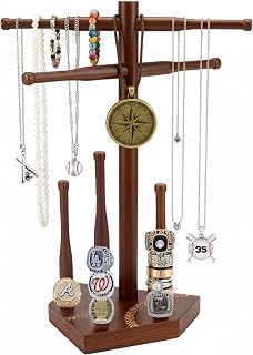 Joyzan Baseball Ring Holder,Championship Ring Display Necklace Holder Stand | Wooden Sports Jewelry Organizer for Baseball Softball Rings Drip Necklaces Medals Memorabilia Athlete Gifts Boys Player