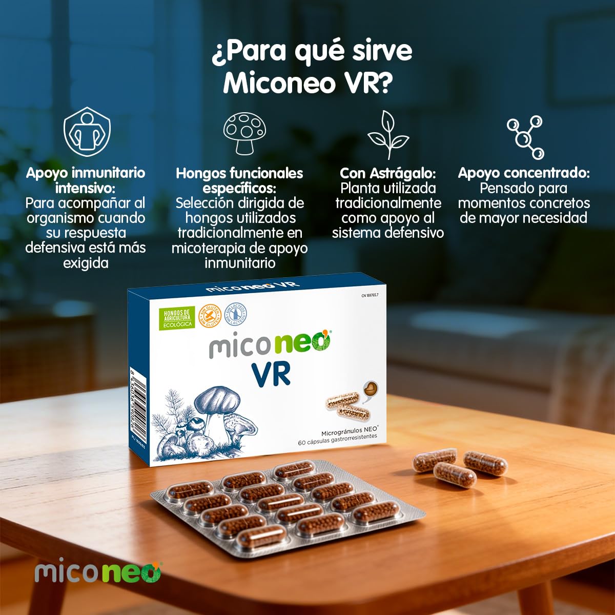 Mico NEO | VIR | Hongos de Agricultura Ecológica | Microgránulos NEO | Apto para Vegetarianos | Sin Gluten ni Derivados Lácteos | 60 Cápsulas | Tomar 1 o 2 Cápsulas al Día