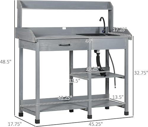 Miniatura 7 de Outsunny Mesa de banco para macetas, incluye estación de fregadero extraíble para exteriores con gancho de manguera, estación de trabajo de madera