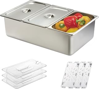 Ice Chilled Condiment Serving Container (3 Pan), NSF Certified, 2 types of lids, Drain Tray, Commercial Spice Rack Set, For Kitchen Buffet Catering Food Van