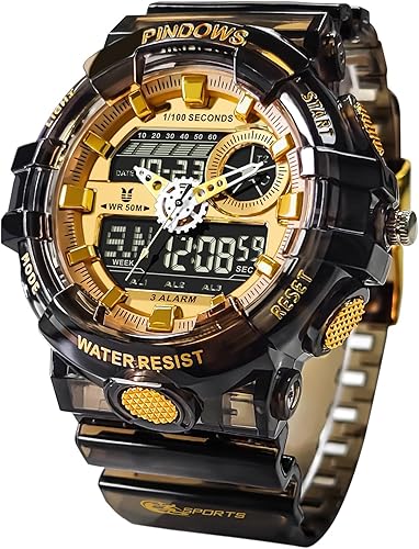 PINDOWS Reloj para Hombre, Reloj Analógico Digital Resistente al Agua 50M, Reloj Electrónico para Deportes al Aire Libre, Fecha, Multifunción, LED,