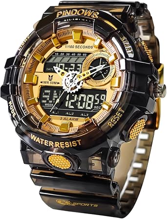 PINDOWS Transparent LED Backlight Mens Watches Analog Digital Waterproof | Resin heavy duty case with dual time zones, countdown timer, stopwatch and 3 daily alarms for outdoor sports