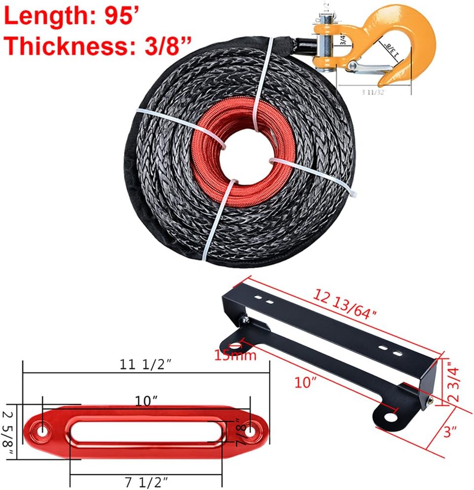 95' x 3/8" Synthetic Winch Rope Line Cable Heat Guard Yellow Hook + 10" Anodized RED Hawse Fairlead + 254mm Flip-Up License Plate Holder Kit ATV UTV KFI Truck Recovery
