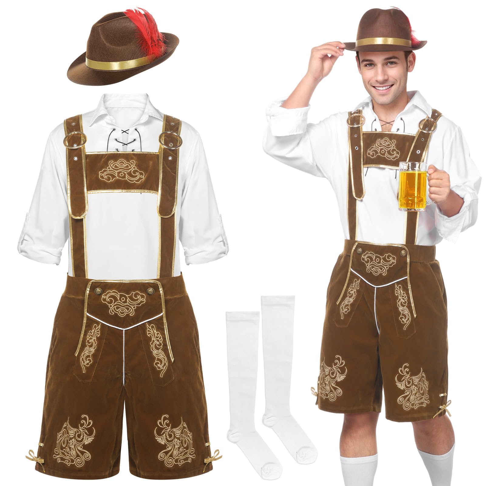 SERTAS Oktoberfest Outfit Mens,Mens Bavarian Costume Oktoberfest Fancy Dress,Adult Deluxe Authentic Lederhosen,White Shirt and Suspenders Suit with Stockings Hat 4Pcs Set (Brown A, L)