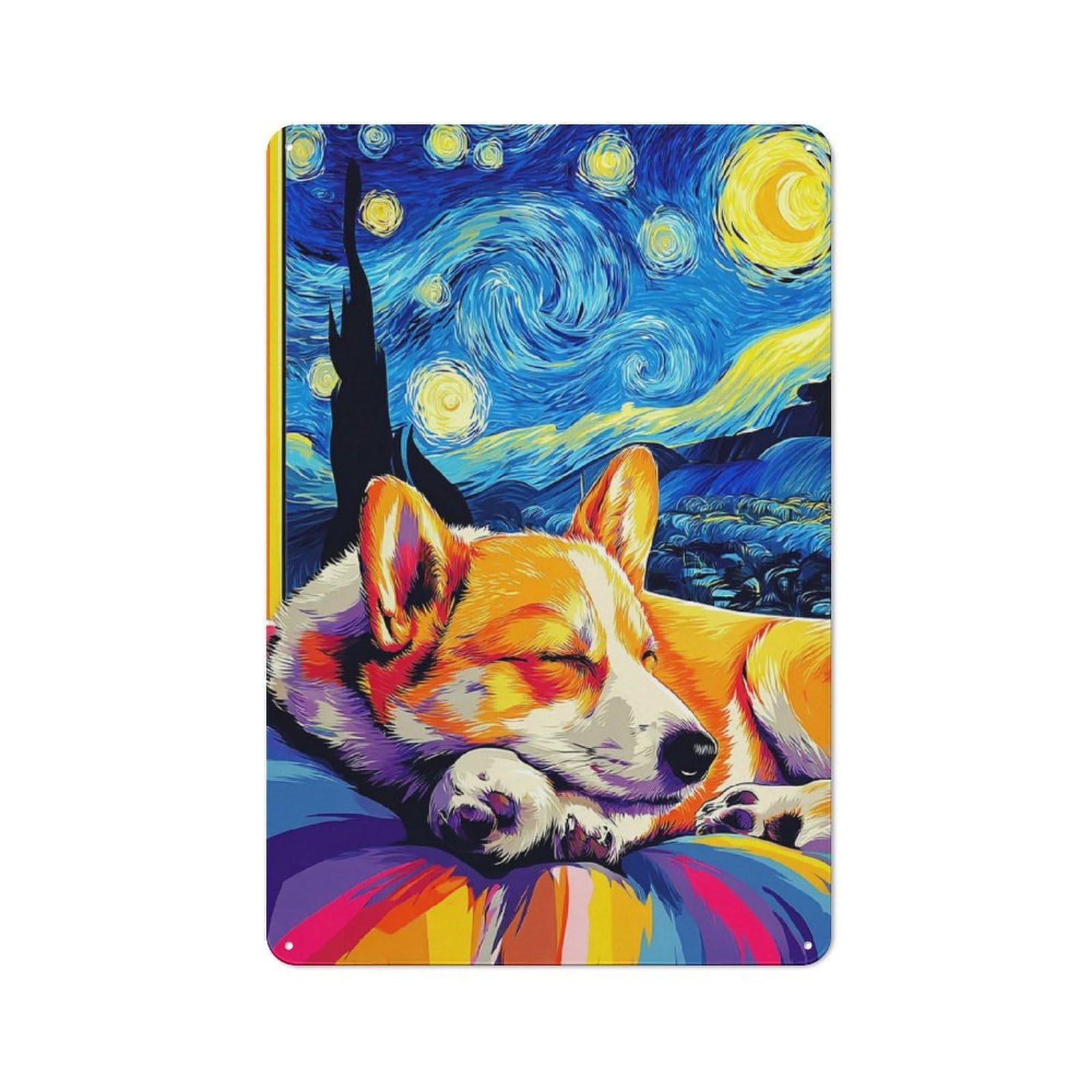 Metal Wall Sign 30x20cm Featuring Starry Night Corgi Dreamscape for Home Bar Wall, New Home Wall Decor for Hosts Who Enjoy Retro Interiors