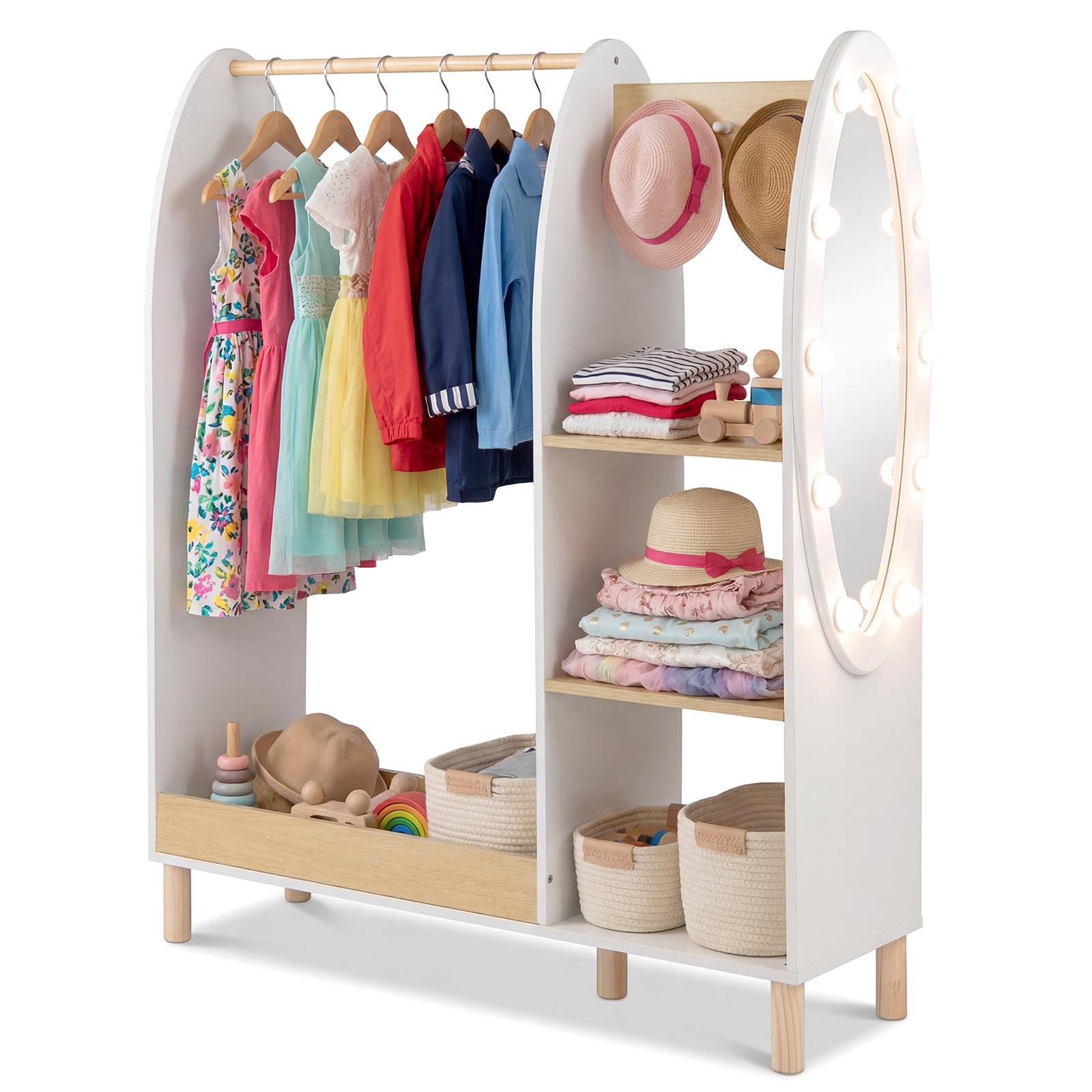 COSTWAY Armario Infantil con Espejo y Luces, Armario de Ropa con Estantes y Ganchos para Niños