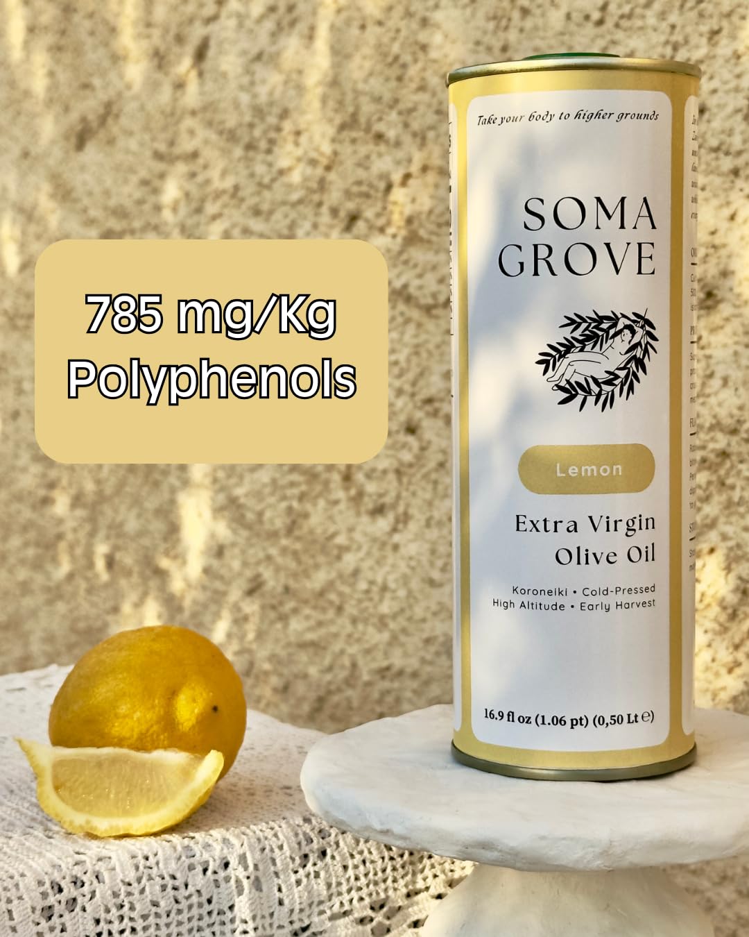 SOMA GROVE High Polyphenol (750+ mg/kg) Greek Extra Virgin Olive Oil, Cold Pressed, Early Harvest, Koroneiki, Cooking & Daily Wellness, Zakynthos Mountain Origin - 16.9oz - 2024/25 Harvest (Lemon)