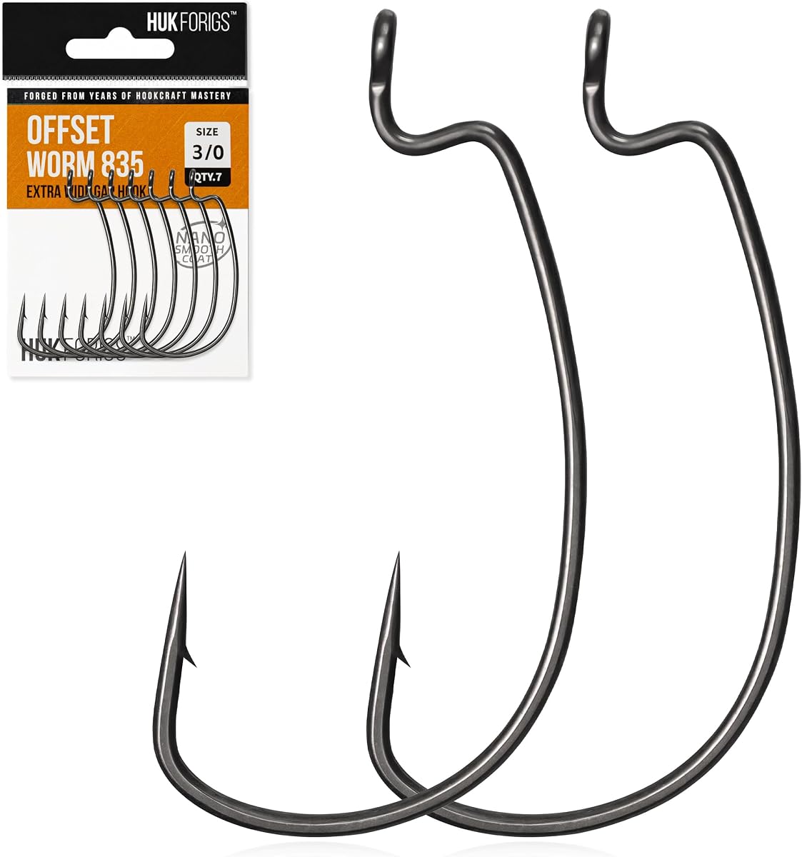 Extra Wide Gap 835 Offset Worm Hooks for Bass Fishing | EWG, Reinforced Bend, Nano Smooth Coat, High Carbon Steel, Heavy-Duty Barb, for Texas Rigs and Bulky Soft Baits