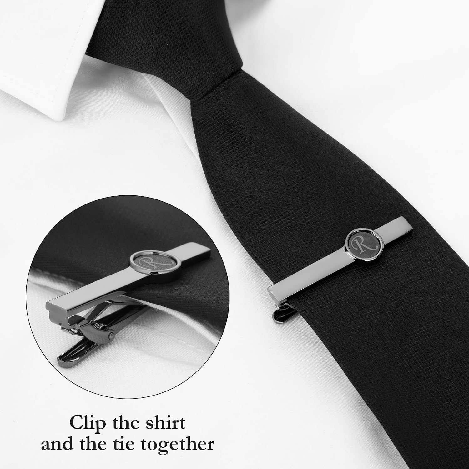 AMITER Initial Tie Clip for Men, 2 inch Mens Necktie Bar for Regular Ties - Black