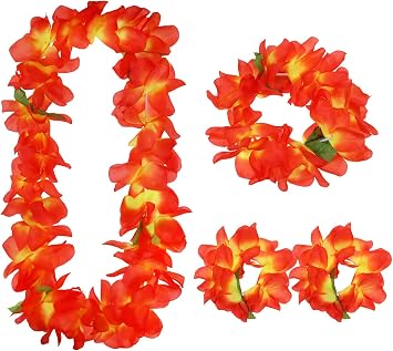 PENTA ANGEL Hawaiian Leis Set for Luau Party 4Pcs Tropical Flower Ribbon Lei Necklace for Summer Beach Pool Graduation Dance Party Favor Decoration Orange