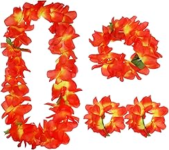 PENTA ANGEL Hawaiian Leis Set for Luau Party 4Pcs Tropical Flower Ribbon Lei Necklace for Summer Beach Pool Graduation Dance Party Favor Decoration (Orange)