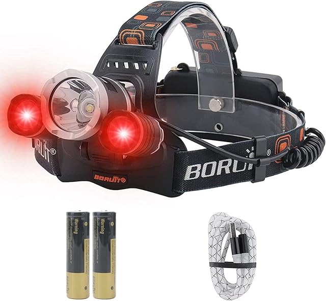 BORUIT RJ-3000 LED Head Torch with Red Light,Super Bright 5000 Lumens USB Rechargeable White Red Light Headlamp Headlight,3 Mode Head Lamp Work Light for Kids and Adults Running Camping Hiking