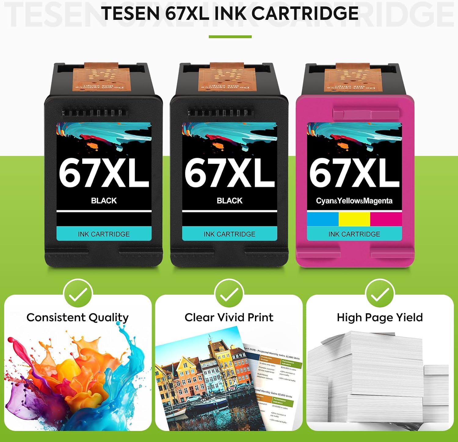 67XL Black/Color Remanufactured Ink Cartridge Replacement for HP Ink 67 67XL Printer Ink use for DeskJet 2700 2700e 2755e 2855e 2800 4155e 4255e 4100 Envy 6400 6055 6055e 6455e Printer 3-Pack