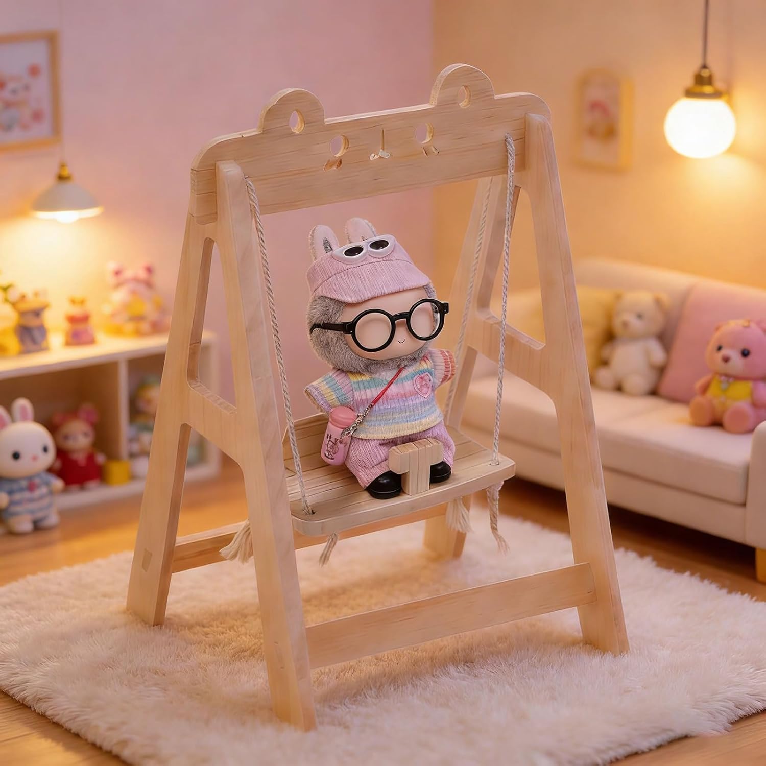 Wooden Swing Chair Furniture for Labubu Doll, Doll Accessories & Decor, Cute Doll Stuff for Labubu Dollhouse Play & Collection