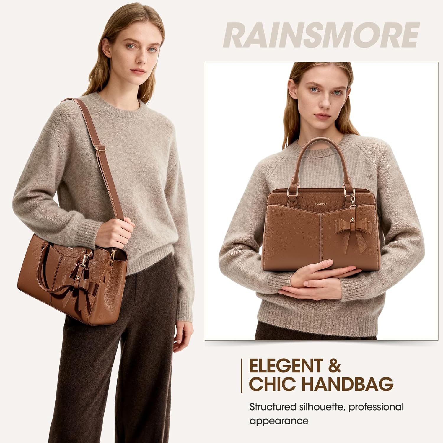 RAINSMORE Purses for Women Satchel Purse, PU Leather Structured Work Handbag with Bowknot and Shoulder Strap, Fits 11'' iPad