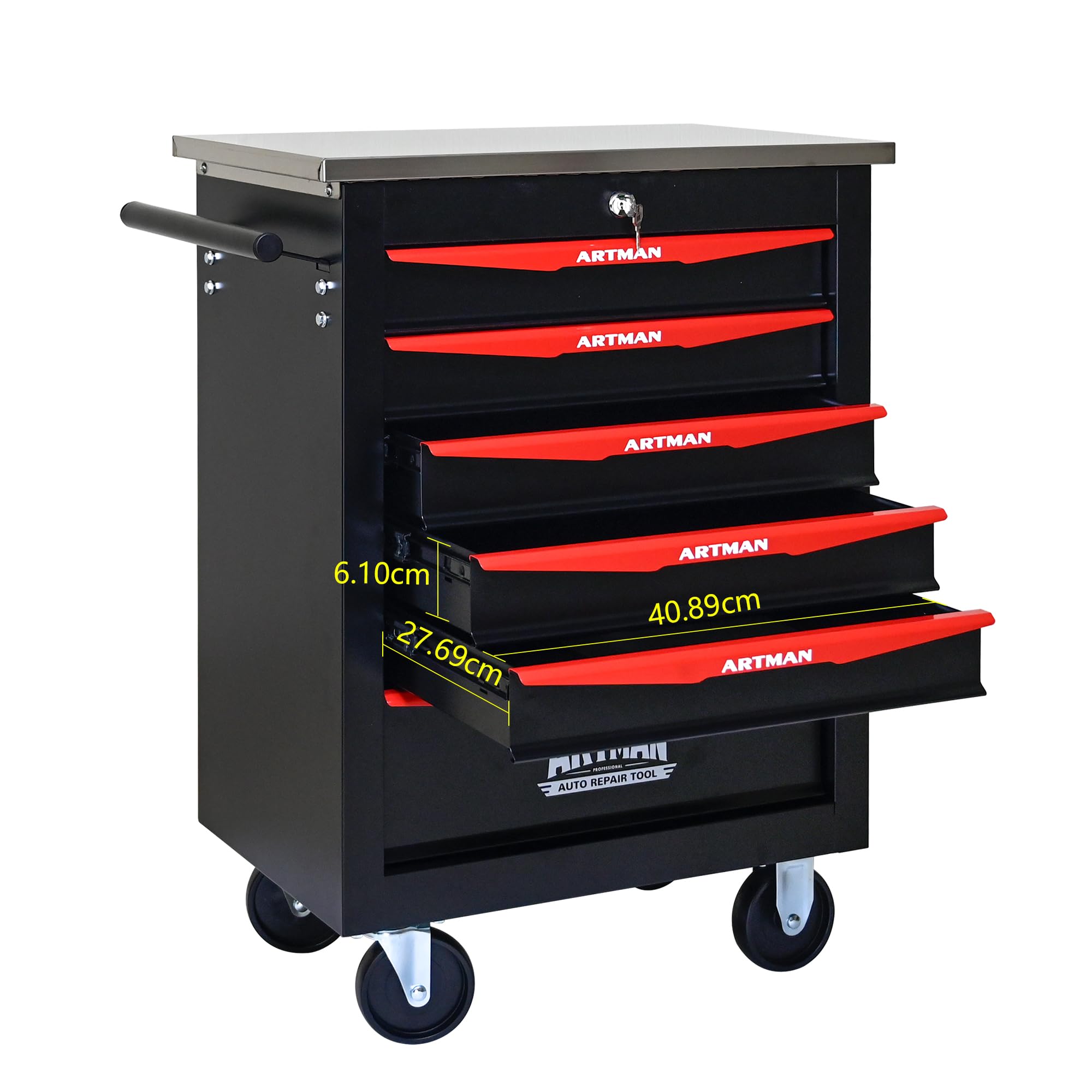 Carro de herramientas con ruedas, maletín rodante con 6 cajones, caja de herramientas de metal para garaje, taller, almacén, taller de reparación, carro de herramientas con techo de acero