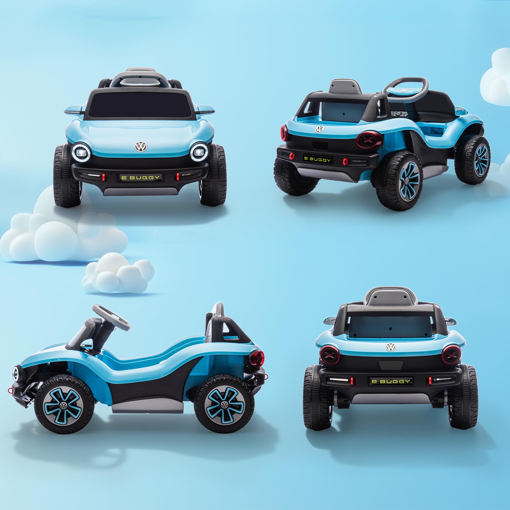 AIYAPLAY Coche Eléctrico para Niños de +3 Años, Volkswagen E-Buggy, Coche de Batería 12V, con Mando a Distancia 2,4 G, Ruedas con Suspensión, Faros LED, Música, USB, Motor Doble, Azul