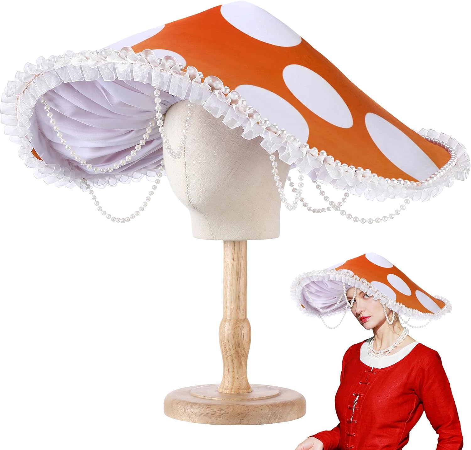 Mushroom Hat Renaissance Medieval Costume Cosplay Victorian Fairy Accessories with Bead Lace Brim Cap