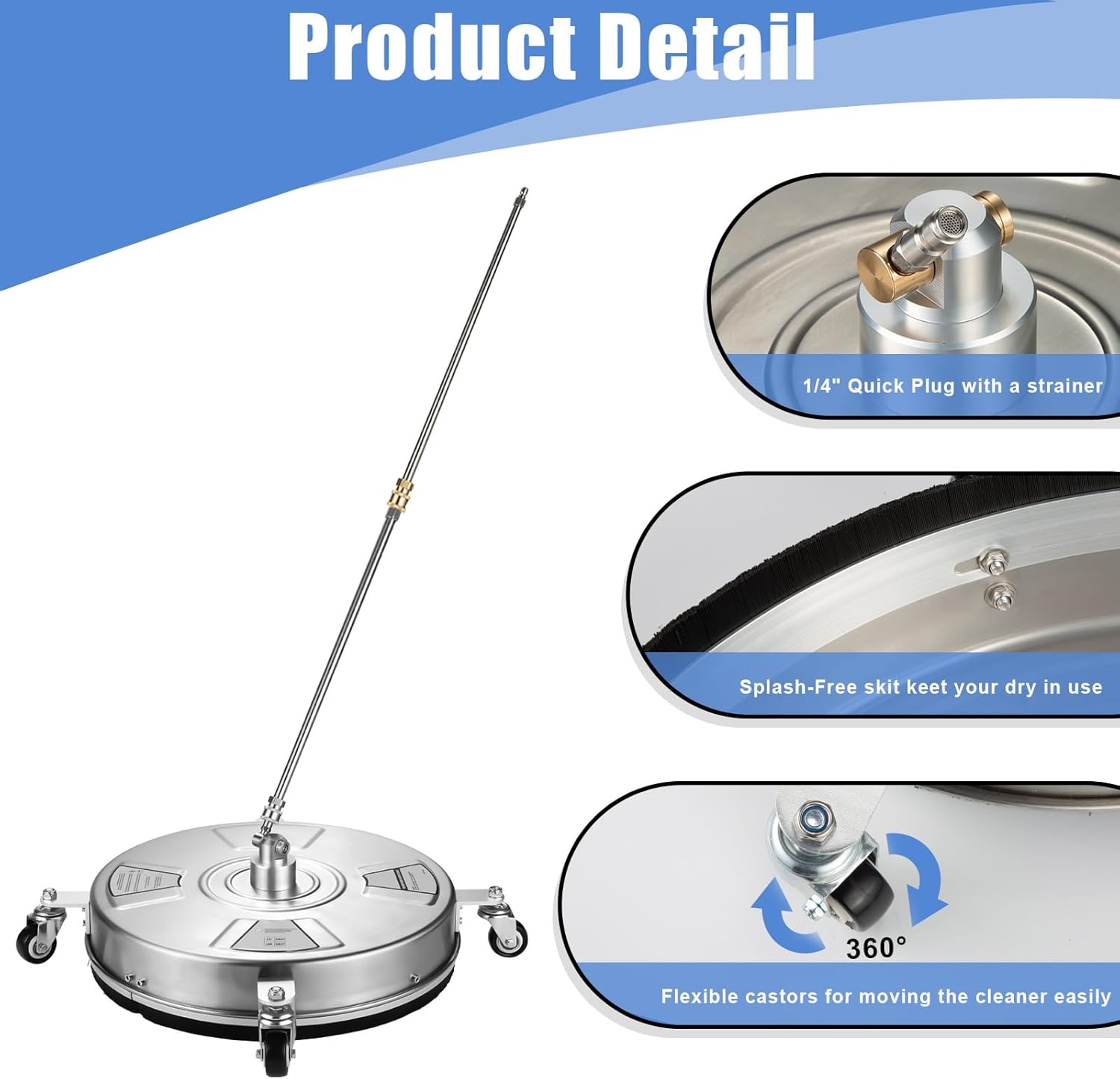 18" Pressure Washer Surface Cleaner with 4 Wheels, Stainless Steel Power Washer Attachment with 2 Extension Wands, 2 Replacement Nozzle, 1/4" Quick Connector, 4000PSI