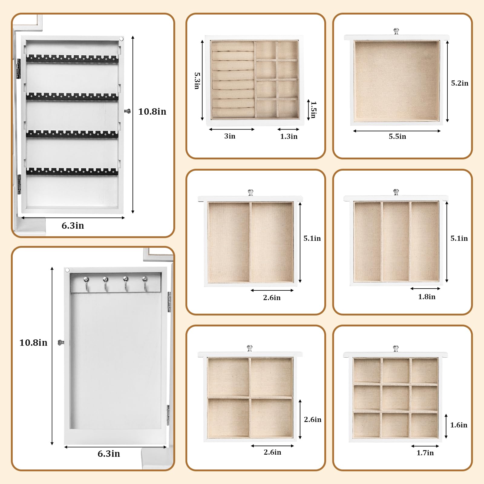 Schmuckkästchen, 6 Ebenen Schmuckaufbewahrung für Damen, Rustikales Holz Groß Schmuckkasten Organizers mit Spiegel, Schmuckbox für Ringe, Ohrringe, Armbänder, Halsketten (Weiß)