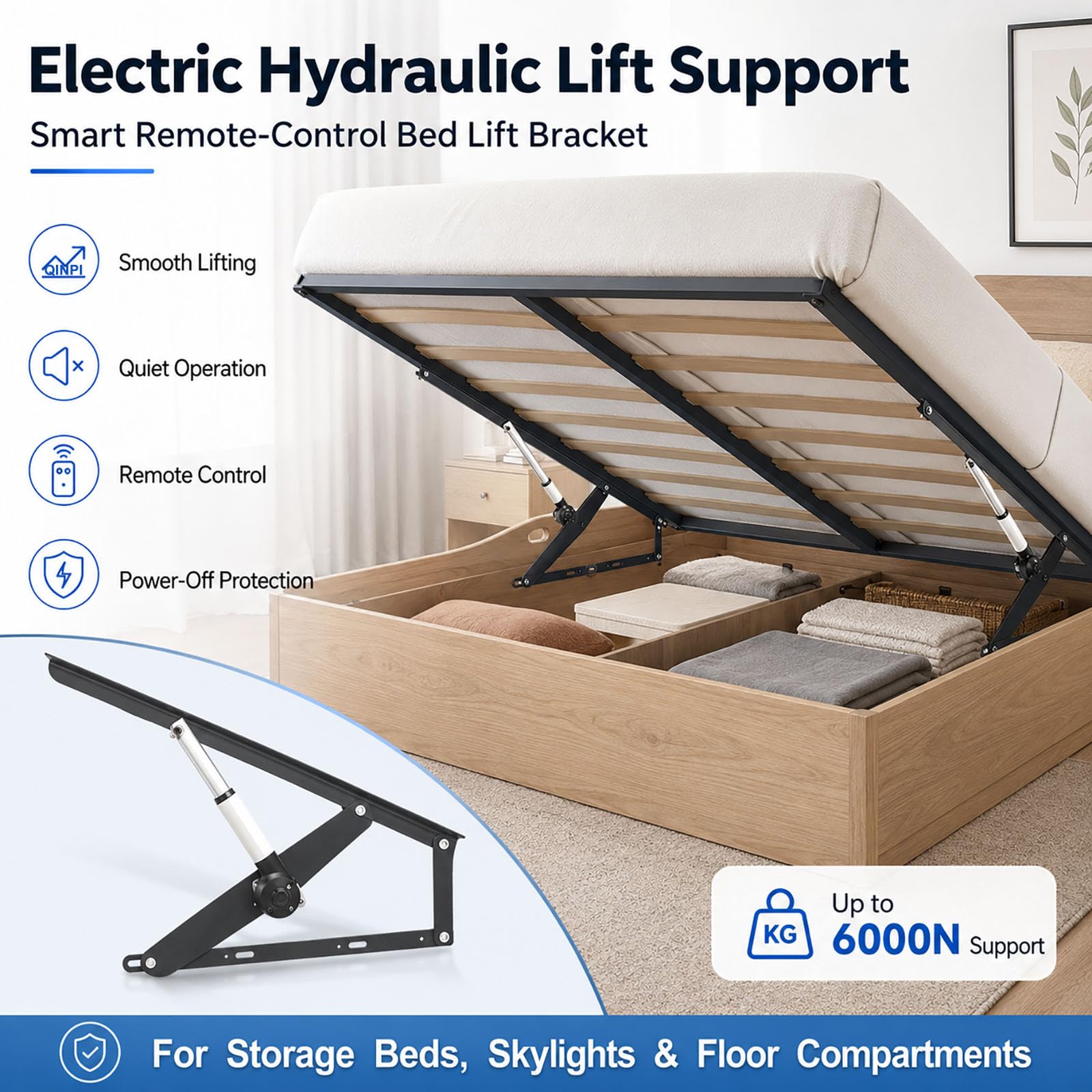 Mecanismo Elevador Eléctrico para Cama con Mando A Distancia, Par De Soportes De Acero 6000 N para Canapé Abatible, Tragaluces Y Trampillas, Negro/Blanco, 0,8/1,1/1,5 M Black 1.5m